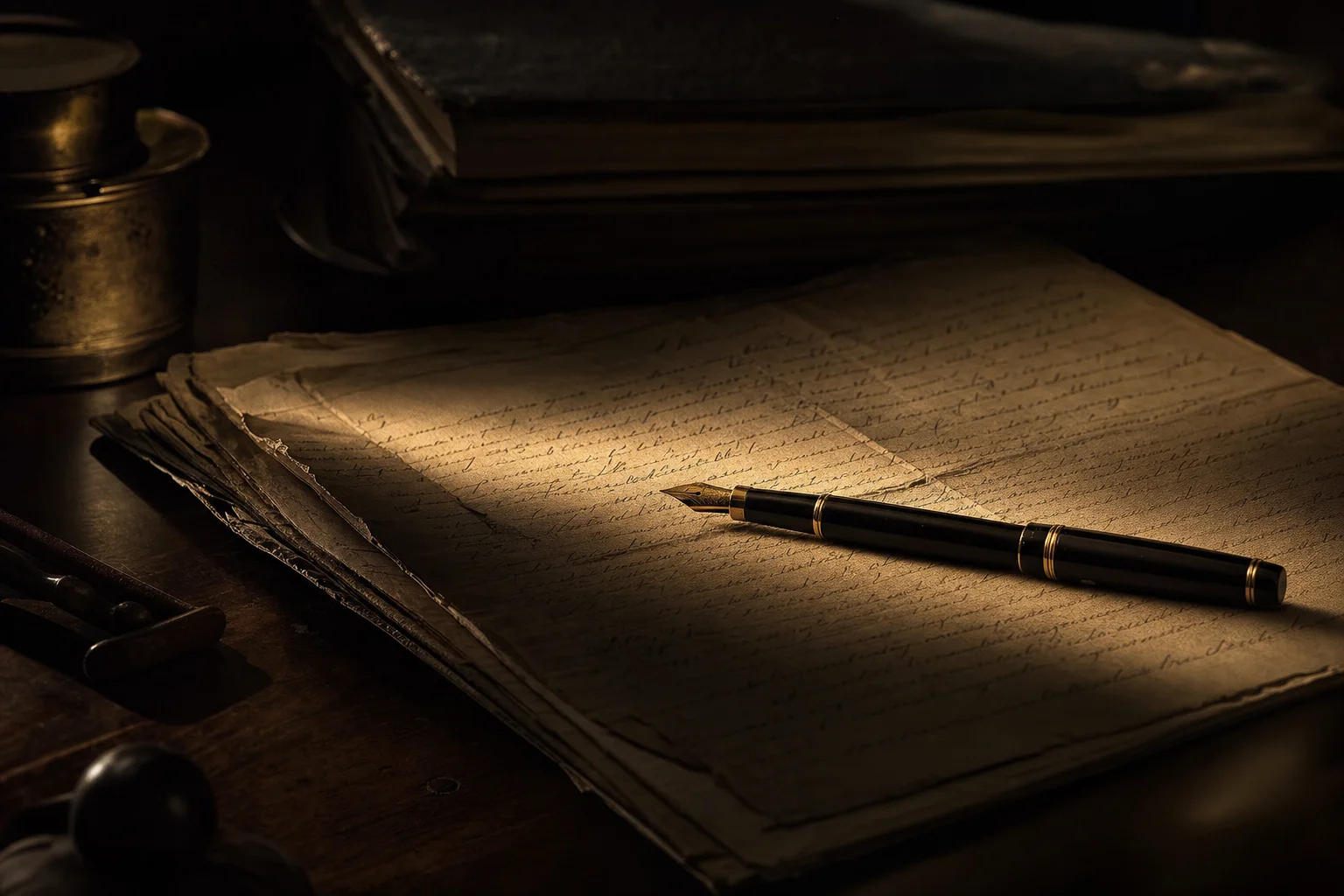 万年筆と手書き原稿に斜光が差すイメージ