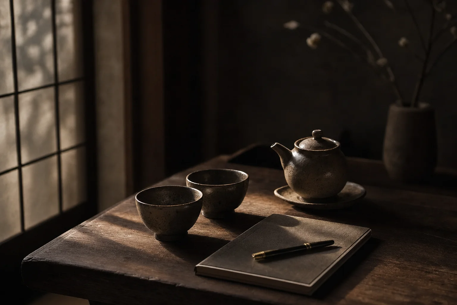 くつろいだ対話の場を思わせる、二客の茶器と窓辺のやわらかな光
